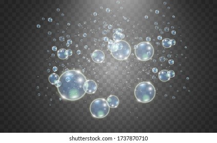Bichos blancos hermosos sobre una ilustración transparente del vector de fondo. Burbujas de jabón.