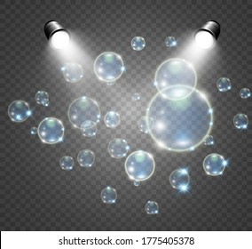 Weiße schöne Blasen auf transparentem Hintergrund, Vektorgrafik. Seifenblasen.