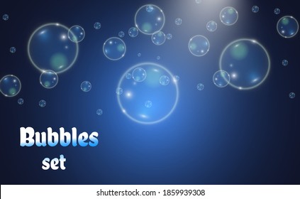 White beautiful bubbles on a transparent background vector illustration. Soap bubbles.