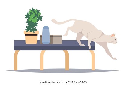 White beautiful cat jumps off the coffee table. Flat cartoon vector illustration