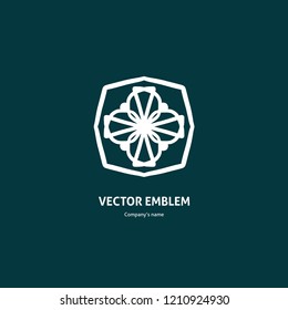 White beautiful circular logo for boutique, flower shop, business. Company mark, emblem, element. Simple geometric mandala logotype. Kaleidoscope big bud. Surround abstract blossom.
