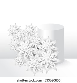 White beautiful composition paper cut flowers and presentation podium