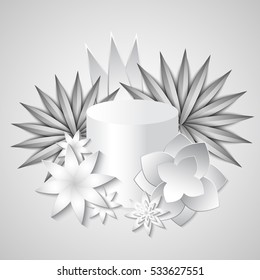 White beautiful exotic composition paper cut flowers and presentation podium