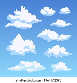 White beautiful fluffy curly clouds against the blue sky. Vector illustration. A set of cute clouds.