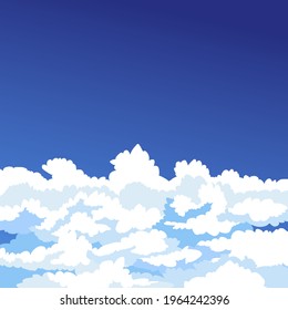 White beautiful fluffy curly clouds against the blue sky. Vector illustration. Natural relaxation background.