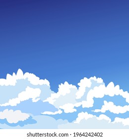 White beautiful fluffy curly clouds against the blue sky. Vector illustration. Natural relaxation background.