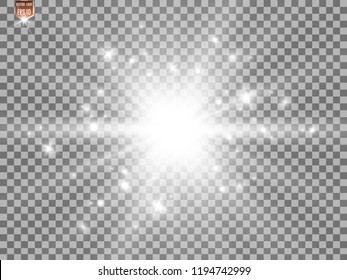 White beautiful light explodes with a transparent explosion. Vector, bright illustration for perfect effect with sparkles. Bright Star. Transparent shine of the gloss gradient, bright flash.