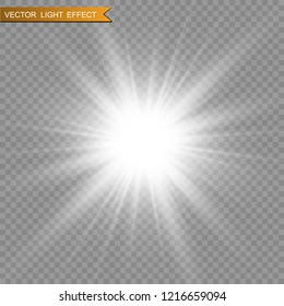 White beautiful light explodes with a transparent explosion. Vector, bright illustration for perfect effect with sparkles. Bright Star. Transparent shine of the gloss gradient, bright flash.