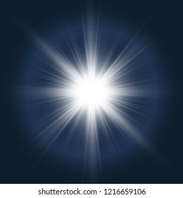 White beautiful light explodes with a transparent explosion. Vector, bright illustration for perfect effect with sparkles. Bright Star. Transparent shine of the gloss gradient, bright flash.