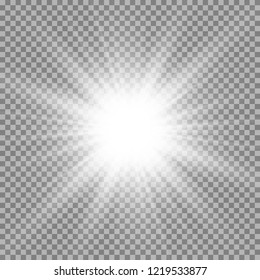 White beautiful light explodes with a transparent explosion. Vector, bright illustration for perfect effect with sparkles. Bright Star. Transparent shine of the gloss gradient, bright flash.