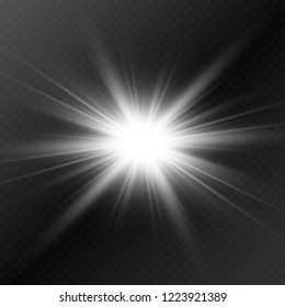 White beautiful light explodes with a transparent explosion. Vector, bright illustration for perfect effect with sparkles. Bright Star. Transparent shine of the gloss gradient, bright flash.