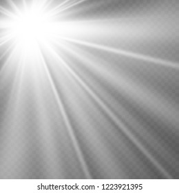 White beautiful light explodes with a transparent explosion. Vector, bright illustration for perfect effect with sparkles. Bright Star. Transparent shine of the gloss gradient, bright flash.
