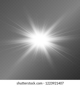 White beautiful light explodes with a transparent explosion. Vector, bright illustration for perfect effect with sparkles. Bright Star. Transparent shine of the gloss gradient, bright flash.