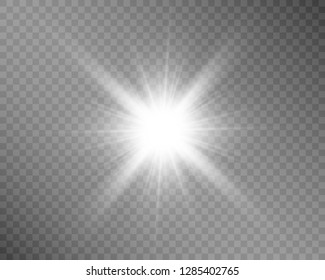 White beautiful light explodes with a transparent explosion. Vector, bright illustration for perfect effect with sparkles. Bright Star. Transparent shine of the gloss gradient, bright flash