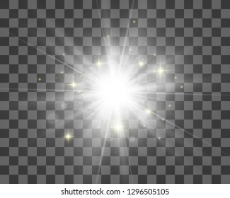 White beautiful light explodes with a transparent explosion. Vector, bright illustration for perfect effect with sparkles. Bright Star. Transparent shine of the gloss gradient, bright flash
