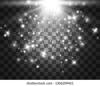 White beautiful light explodes with a transparent explosion. Vector, bright illustration for perfect effect with sparkles. Bright Star. Transparent shine of the gloss gradient, bright flash