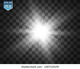 White beautiful light explodes with a transparent explosion. Vector, bright illustration for perfect effect with sparkles. Bright Star. Transparent shine of the gloss gradient, bright flash