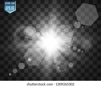 White beautiful light explodes with a transparent explosion. Vector, bright illustration for perfect effect with sparkles. Bright Star. Transparent shine of the gloss gradient, bright flash