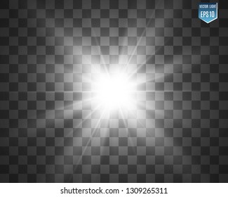 White beautiful light explodes with a transparent explosion. Vector, bright illustration for perfect effect with sparkles. Bright Star. Transparent shine of the gloss gradient, bright flash