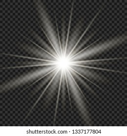 White beautiful light explodes with a transparent explosion. Vector, bright illustration for perfect effect with sparkles. Bright Star. Transparent shine of the gloss gradient, bright flash.