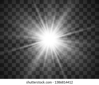 White beautiful light explodes with a transparent explosion. Vector, bright illustration for perfect effect with sparkles. Bright Star. Transparent shine of the gloss gradient, bright flash.