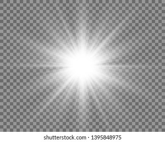 White beautiful light explodes with a transparent explosion. Vector, bright illustration for perfect effect with sparkles. Bright Star. Transparent shine of the gloss gradient, bright flash.