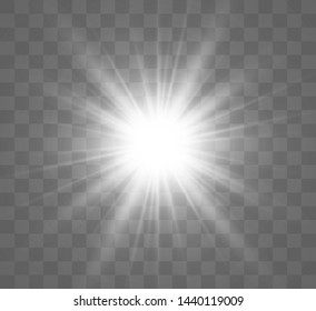 White beautiful light explodes with a transparent explosion. Vector, bright illustration for perfect effect with sparkles. Bright Star. Transparent shine of the gloss gradient, bright flash.