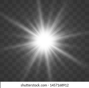 White beautiful light explodes with a transparent explosion. Vector, bright illustration for perfect effect with sparkles. Bright Star. Transparent shine of the gloss gradient, bright flash.