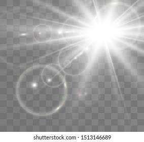 White beautiful light explodes with a transparent explosion. Vector, bright illustration for perfect effect with sparkles. Bright Star. Transparent shine of the gloss gradient, bright flash.