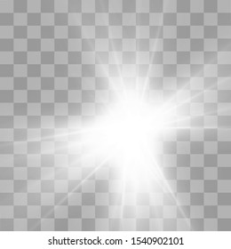 White beautiful light explodes with a transparent explosion. Vector, bright illustration for perfect effect with sparkles. Bright Star. Transparent shine of the gloss gradient, bright flash.