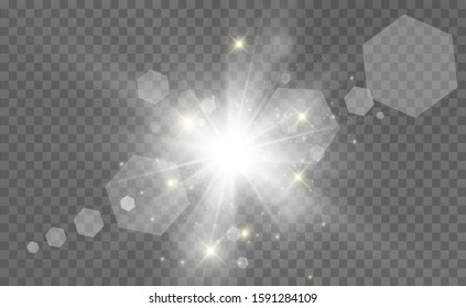 White beautiful light explodes with a transparent explosion. Vector, bright illustration for perfect effect with sparkles. Bright Star. Transparent shine of the gloss gradient, bright flash