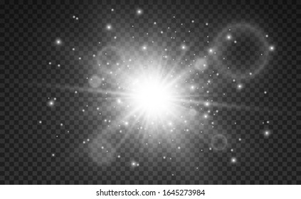 White beautiful light explodes with a transparent explosion. Vector, bright illustration for perfect effect with sparkles. Bright Star. Transparent shine of the gloss gradient, bright flash.