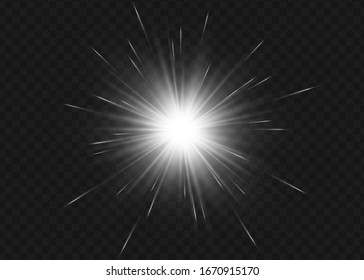 White beautiful light explodes with a transparent explosion. Vector, bright illustration for perfect effect with sparkles. Bright Star. Transparent shine of the gloss gradient, bright flash.