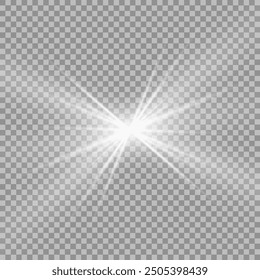 White beautiful light explodes with a transparent explosion. Vector, bright illustration for perfect effect with sparkles. Bright Star. Transparent shine of the gloss gradient, bright flash.