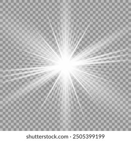 White beautiful light explodes with a transparent explosion. Vector, bright illustration for perfect effect with sparkles. Bright Star. Transparent shine of the gloss gradient, bright flash.