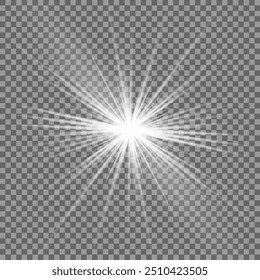 White beautiful light explodes with a transparent explosion. Vector, bright illustration for perfect effect with sparkles. Bright Star. Transparent shine of the gloss gradient, bright flash.