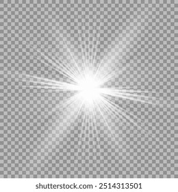 La hermosa luz blanca explota con una explosión transparente. Vector, ilustración brillante para un efecto perfecto con destellos. Estrella brillante. Brillo transparente del gradiente brillante, flash brillante.