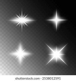 White beautiful light explodes in a transparent explosion. Vector, bright illustration for the perfect glitter effect. Bright Christmas stars. Transparent glow, bright flash.