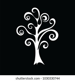 A white beautiful lonely tree silhouette isolated on black background. Fantasy design in vector eps10.
