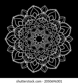 White beautiful Round mandala on black isolated background. Vector boho mandala in black and white colors. Mandala with floral patterns. Yoga template,coloring book,print,paper,relax