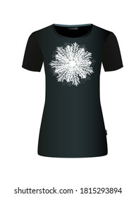 White beautiful snowflake. Black T-shirt with a white snowflake. T-shirt printing. Cut from paper. Vector illustration