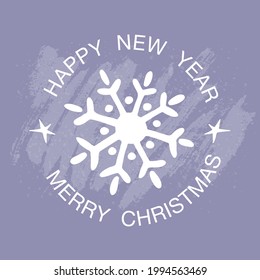 White beautiful snowflake and inscription Happy New Year and Merry Christmas. Gift card. Logo.