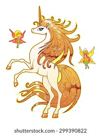 White beautiful unicorn and fairies on the white background.