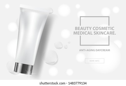white beauty cosmetic cream lotion for medical skincare bottle tube, oil liquid essential collagen mock up, bokeh glow background, vector illustration