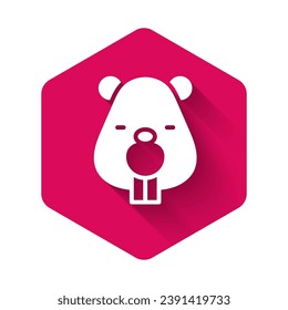 White Beaver animal icon isolated with long shadow. Pink hexagon button. Vector