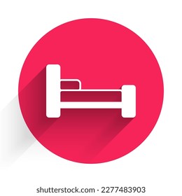 White Bed icon isolated with long shadow. Red circle button. Vector