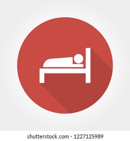 White bed icon. Man sleeping vector illustration. Red background