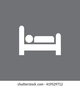 White bed icon. Man sleeping vector illustration. Gray background