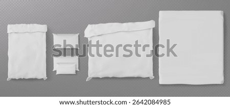 White bed linen mockup set with pillows, duvet covers and sheets from top view on transparent background for bedroom textile presentation, branding design, hotel bedding product display templates.