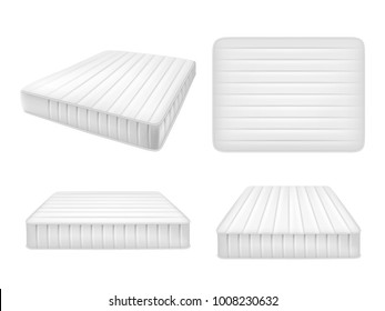 White bed mattresses set. Vector realistic illustration of high quality comfortable double mattresses isolated on white background.